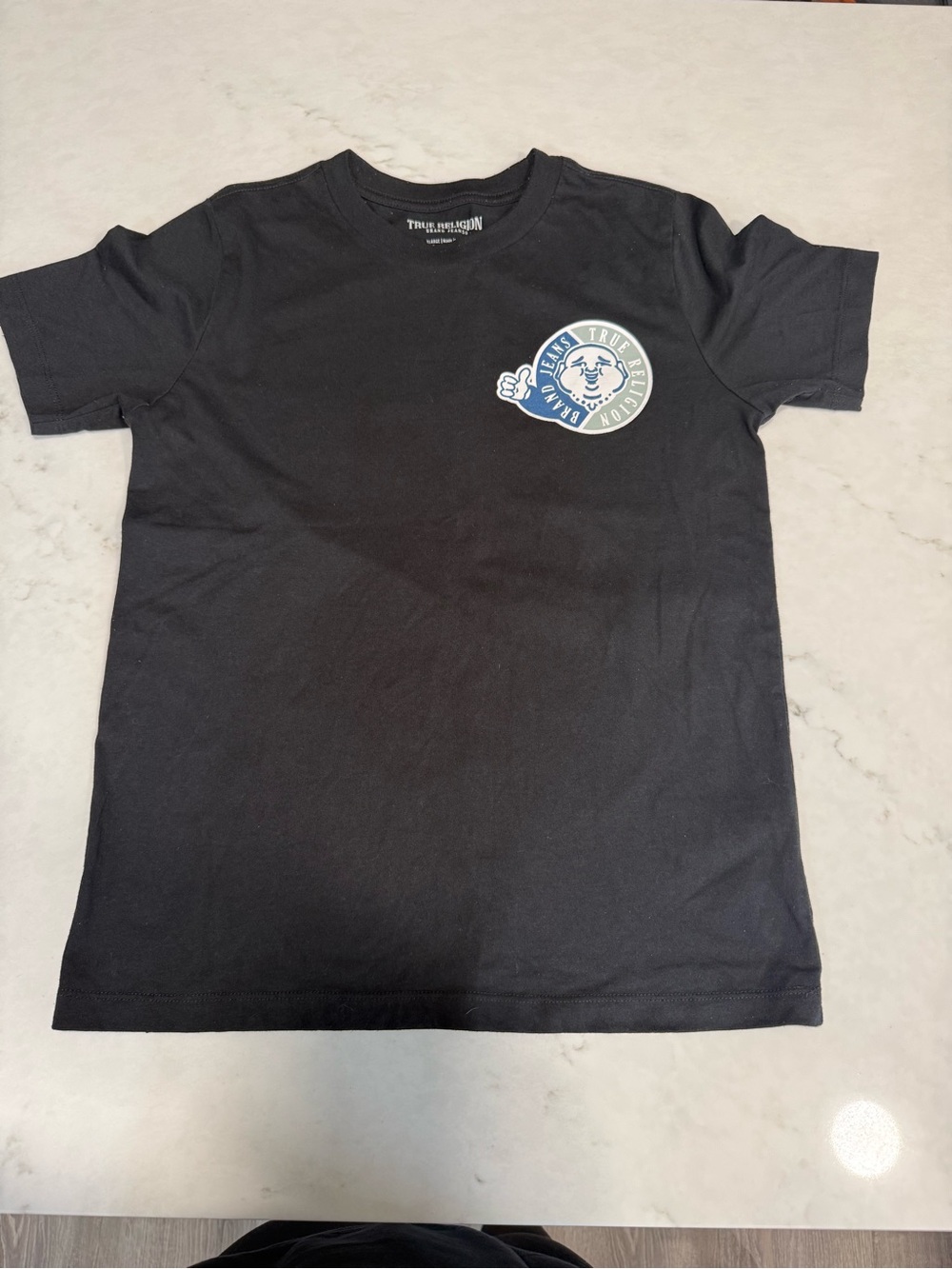 True Religion Black Tee with Blue Logo Patch